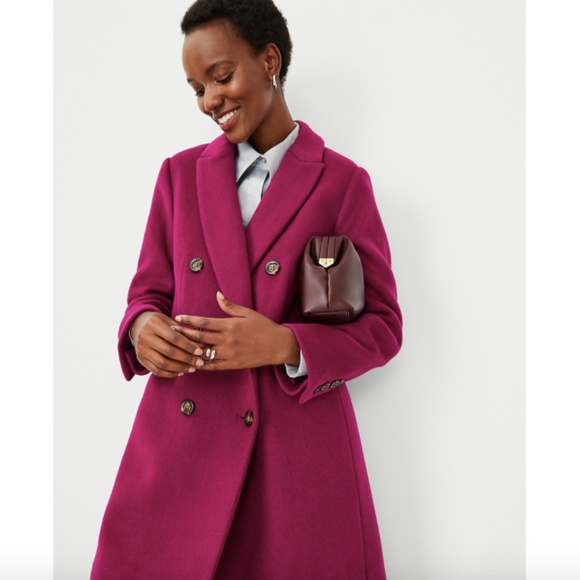 ANN TAYLOR Wool Blend Long Chesterfield Coat Magenta Purple Size Medium - Picture 3 of 14
